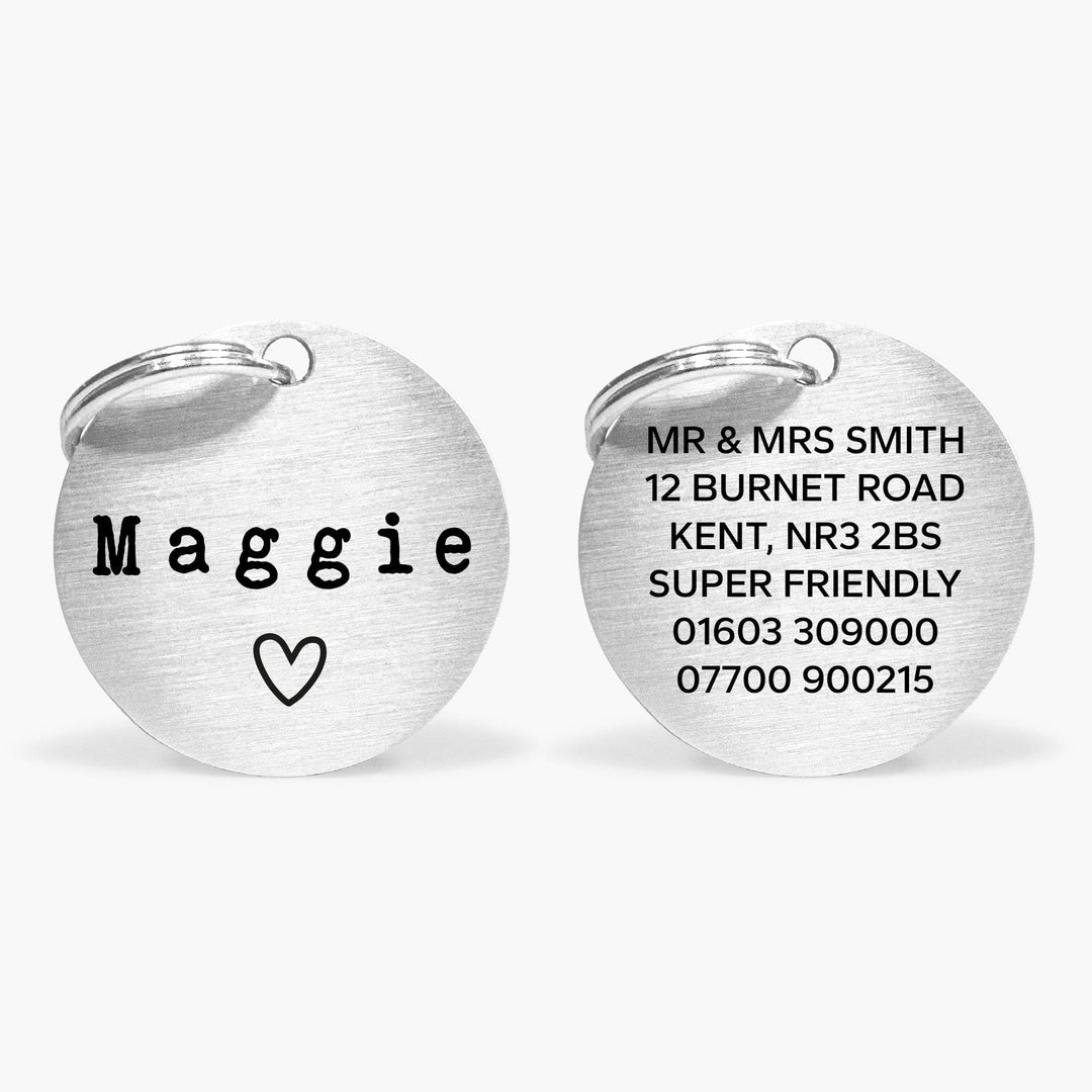 Personalised Silver ID Dog Name Tag Engraved with Typewriter Font & Heart Design in Stainless Steel