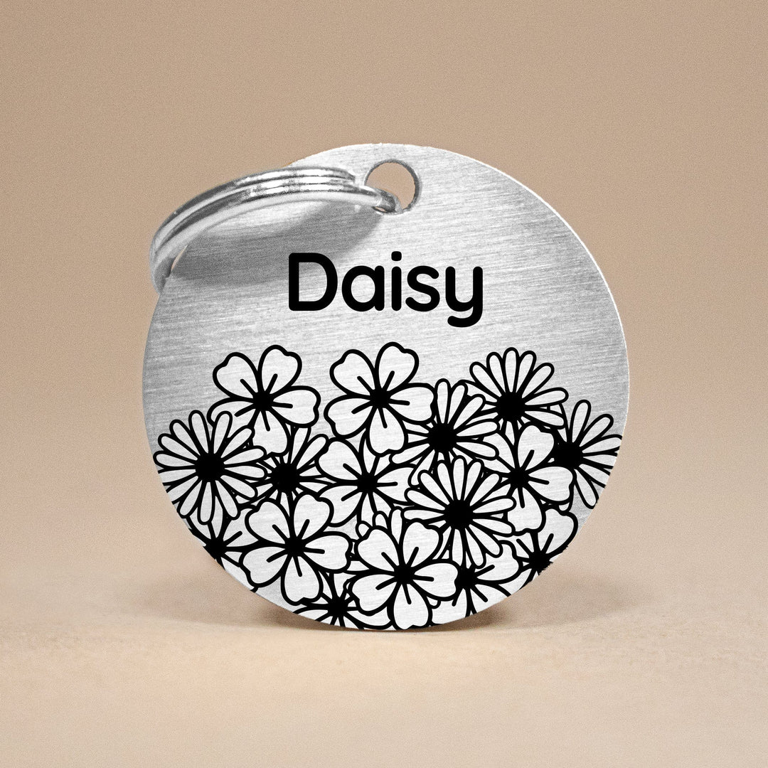 Personalised Pet Tag with Daisy Design in Silver Stainless Steel