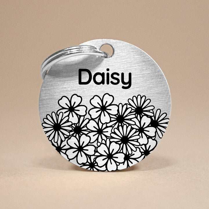 Personalised Pet Tag with Daisy Design in Silver Stainless Steel
