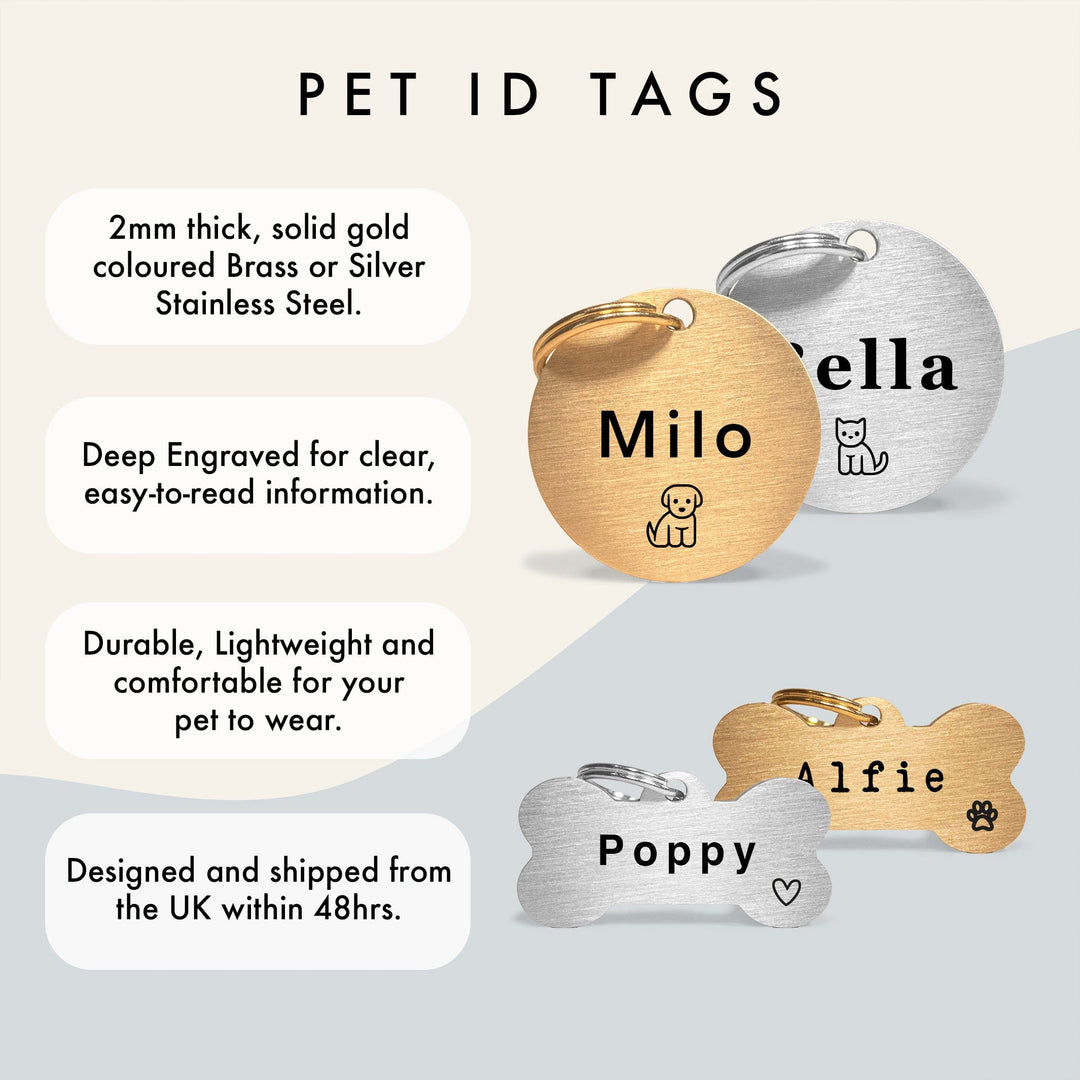 Personalised Gold ID Dog Name Tag Engraved with Typewriter Font & Bone Design in Brass