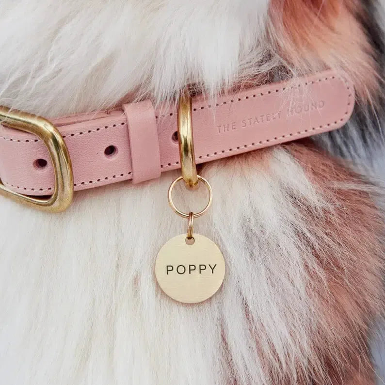 Baby Pink Leather Dog Collar with Custom Engraved Pet Tag