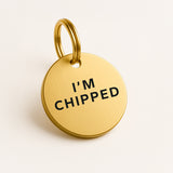 Gold-Tone Brass Dog Collar Tag with Engraved "I'm Chipped" and Custom Contact Details The Stately Hound