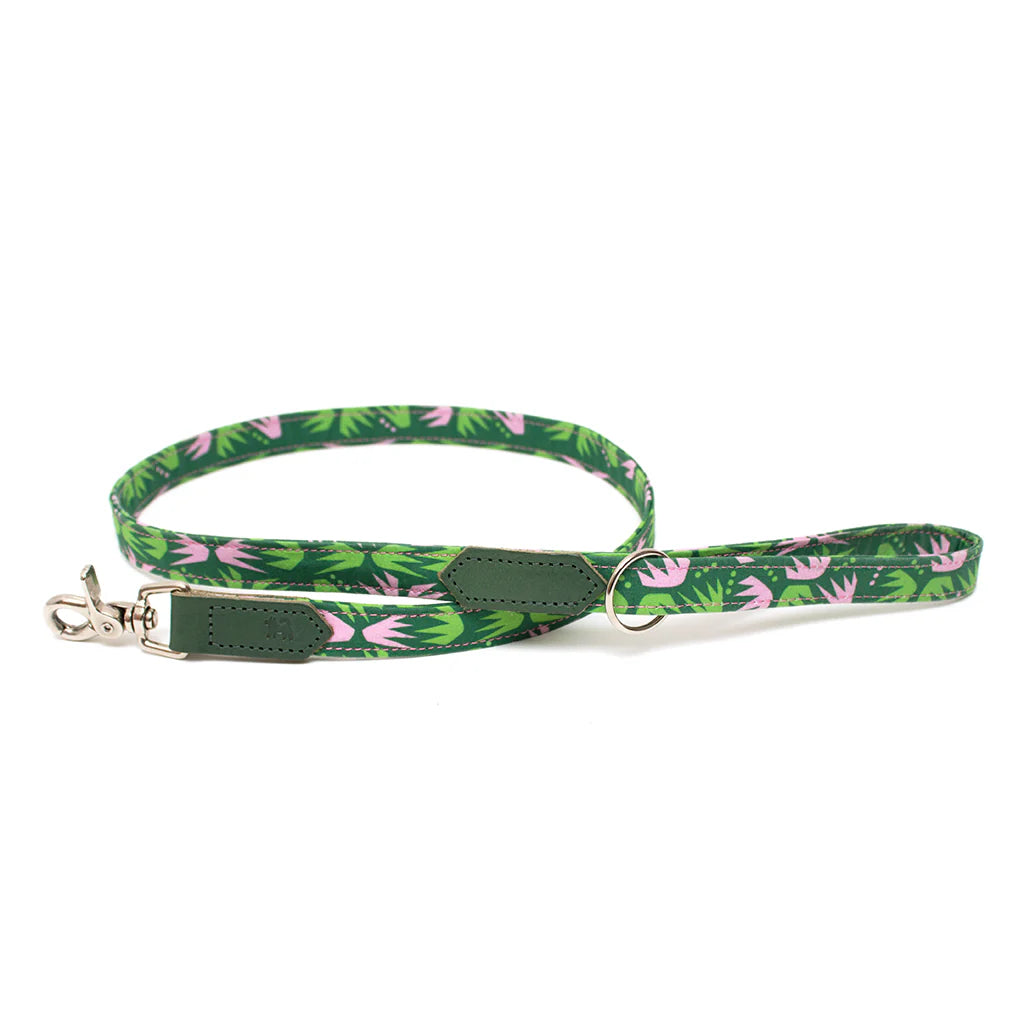Green dog leash with pink floral pattern on a white background
