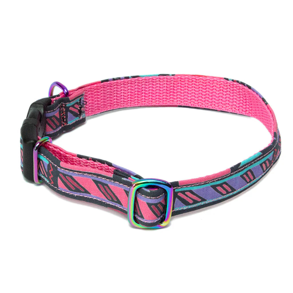 Detail of turquoise and pink Mud Cloth fabric on the dog collar by Hiro + Wolf