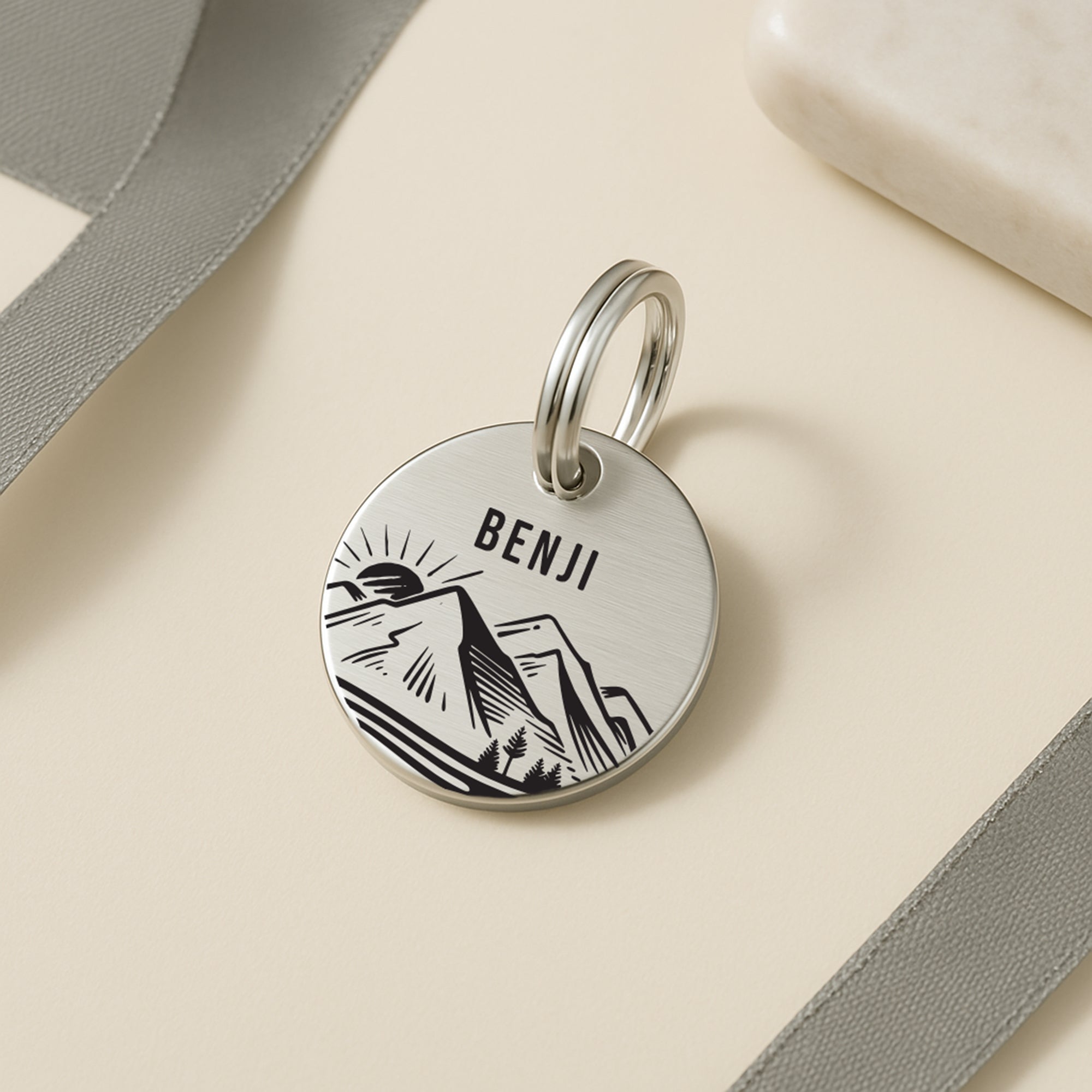 Personalised Dog Name Tag with Engraved Mountain Sunset Design in Silver Stainless Steel The Stately Hound