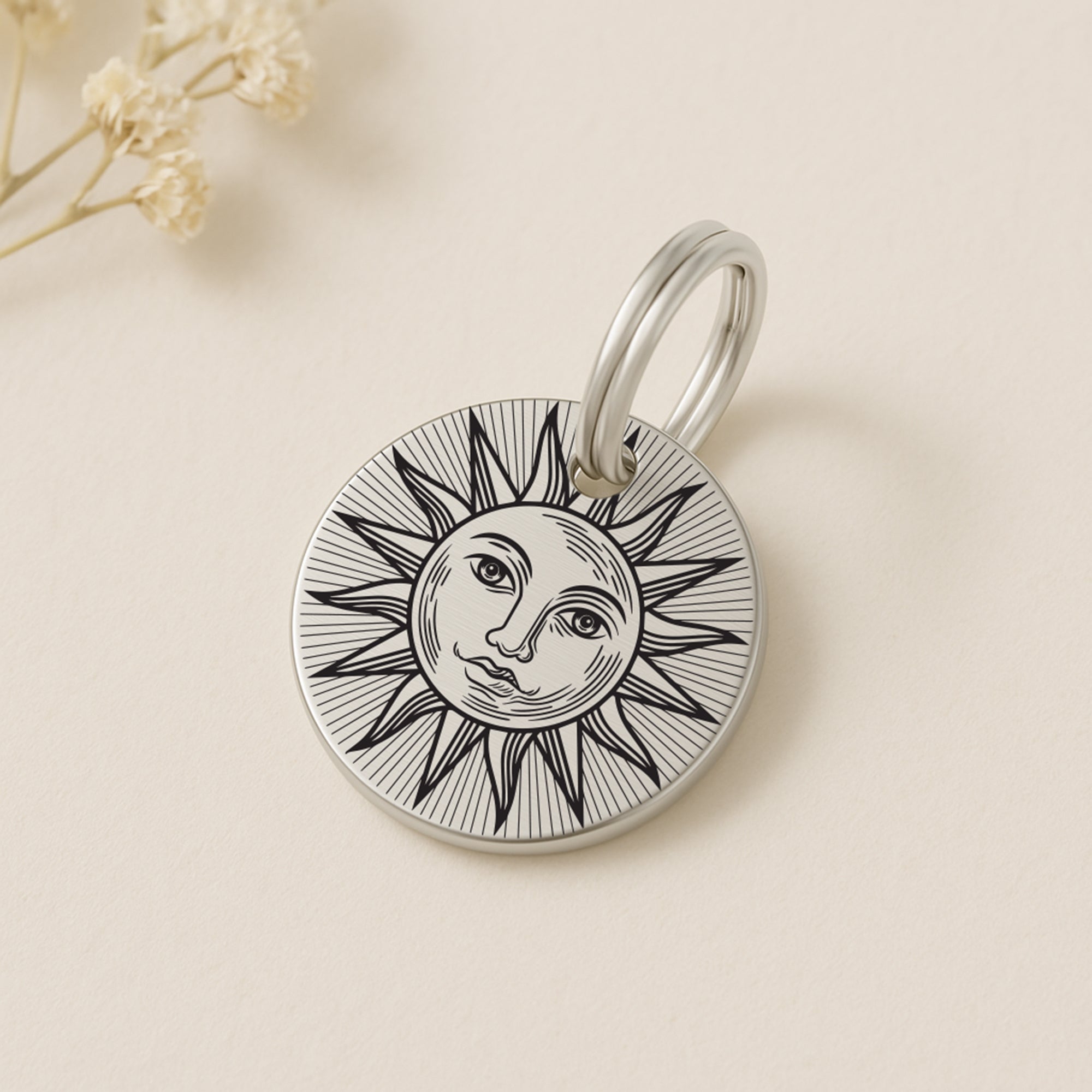 Personalised Silver Dog ID Tag with Engraved Sun Design and Contact Details The Stately Hound