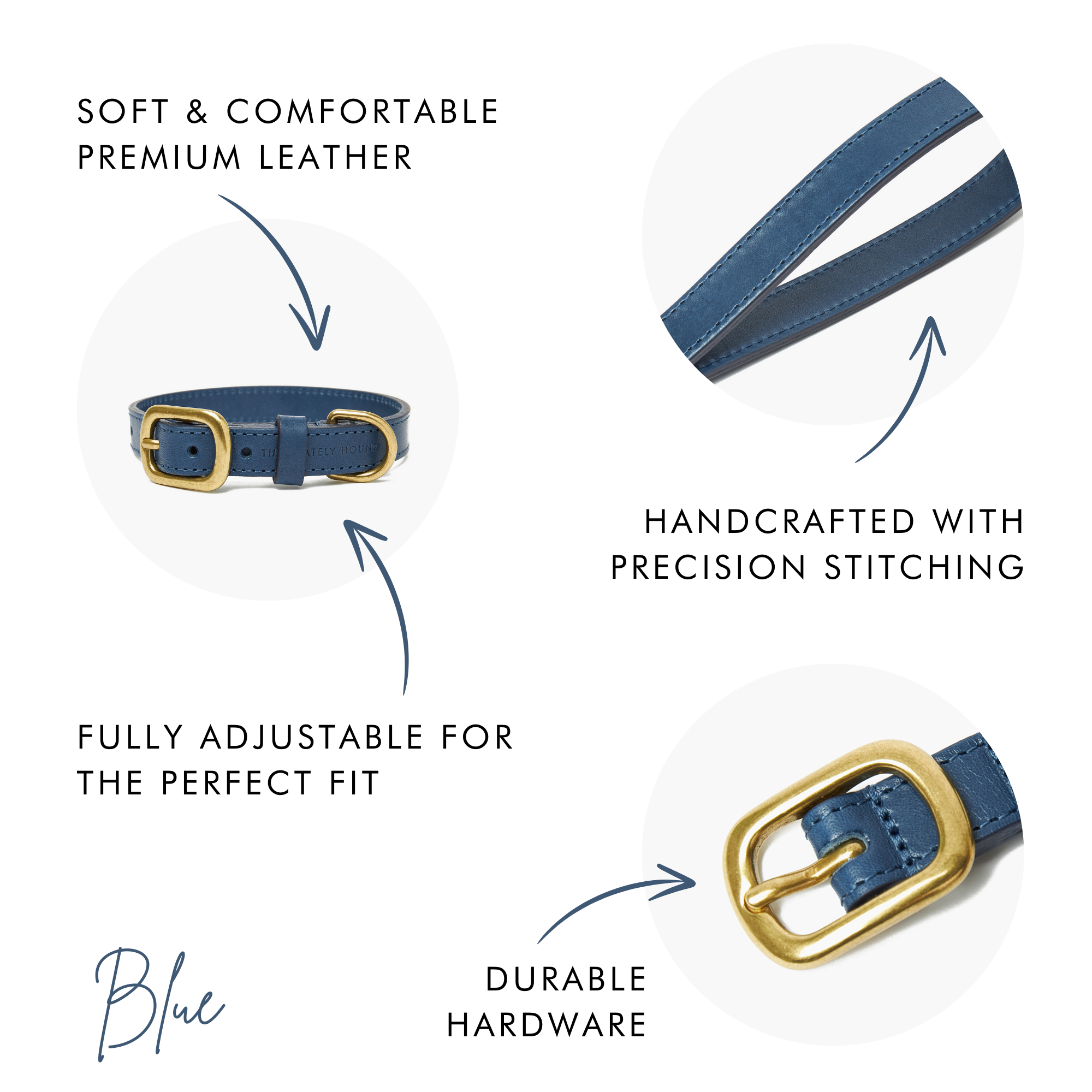 Sapphire Blue Leather Dog Collar & Lead Set with Gold Hardware The Stately Hound