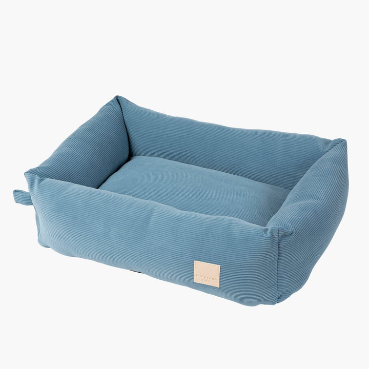 FuzzYard French Blue Corduroy Dog Bed, Luxurious Plush Bolster Design