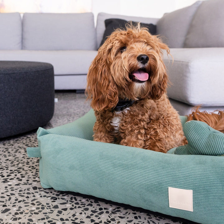 FuzzYard Myrtle Green Corduroy Dog Bed, Luxurious Plush Bolster Design