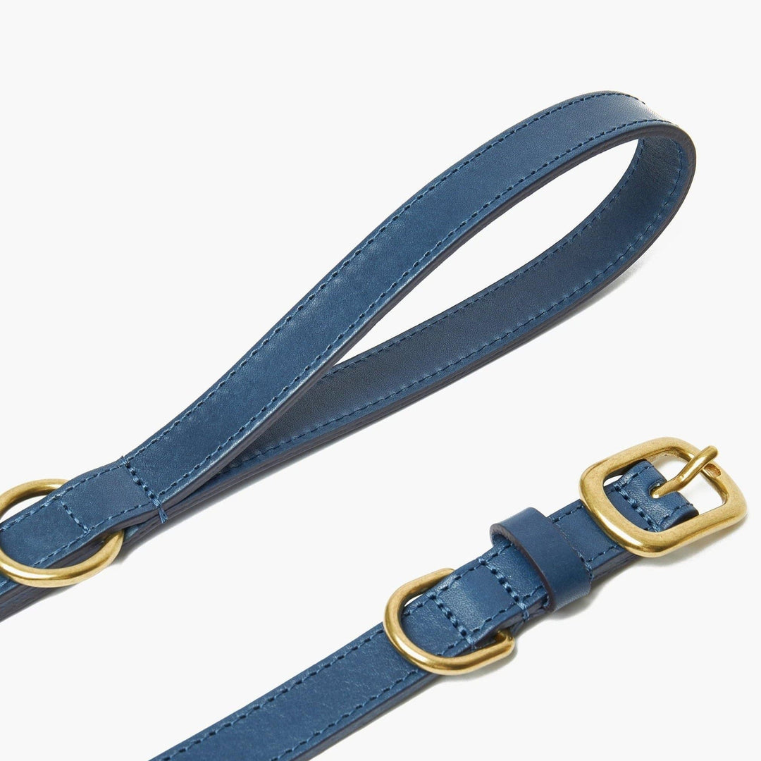 Hand-Stitched Premium Leather Dog Collar & Lead Set in Marine Blue with Brass Hardware