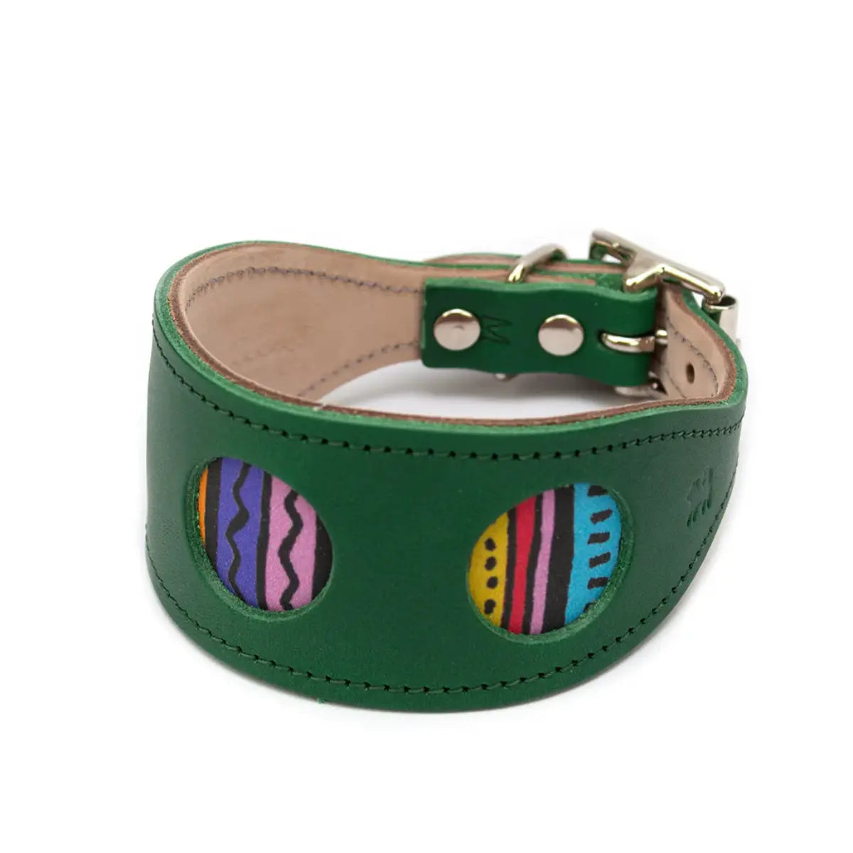 Rainbow Stripe Green Leather Whippet & Greyhound Collar - UK Made