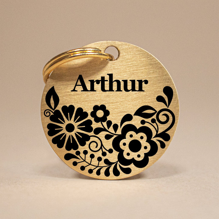 Personalised Brass Pet Tag with Scandi Floral Design