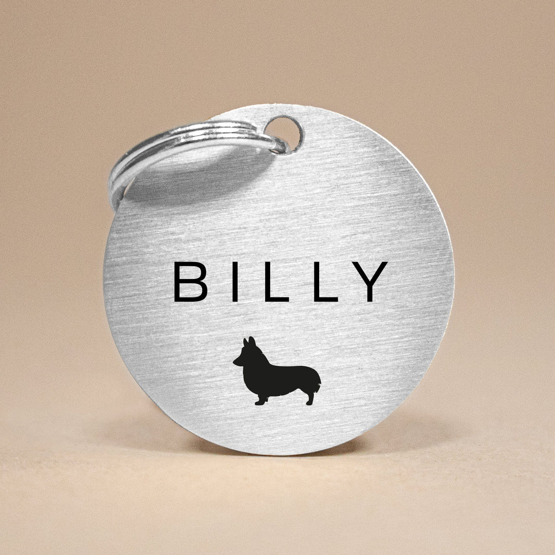 Custom Silver Stainless Steel Dog Tag with Name, Breed Silhouette & Contact Info