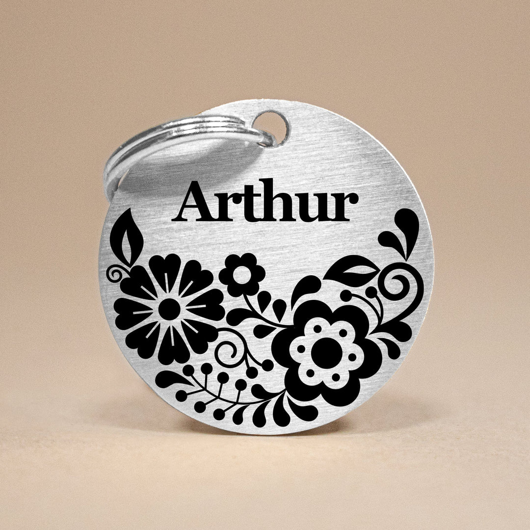 Personalised Pet Tag with Scandi Floral Design in Silver Stainless Steel