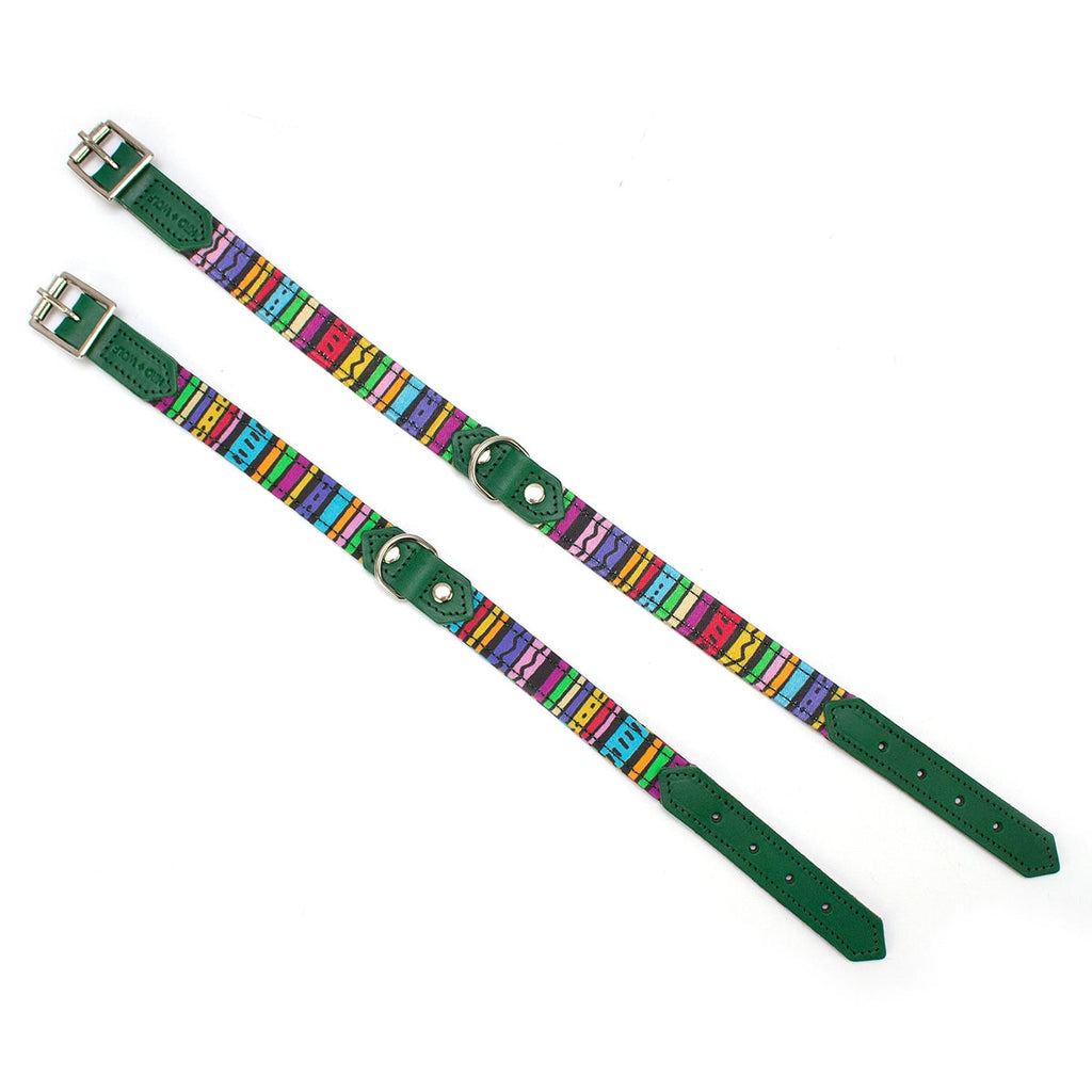 Hiro + Wolf Green Leather Dog Collar with Rainbow Stripes, Handmade & Adjustable