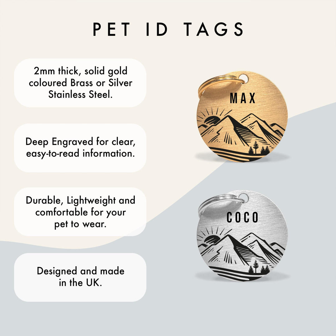 Personalised Dog Name Tag with Engraved Mountain Sunset Design in Gold-Coloured Brass