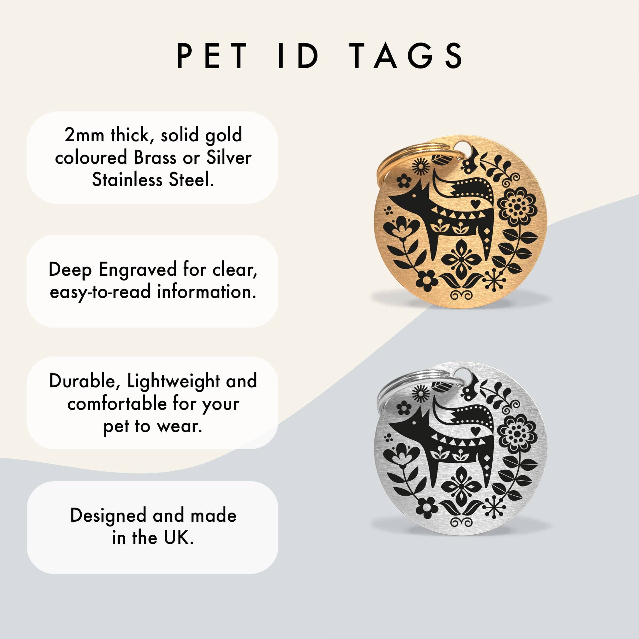 Personalized Gold-Tone Brass Dog ID Tag with Scandi Fox Design and Engraved Contact Details The Stately Hound