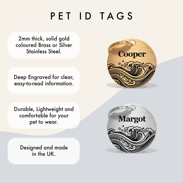 Personalised Pet Tag with Ocean Waves Design in Silver Stainless Steel