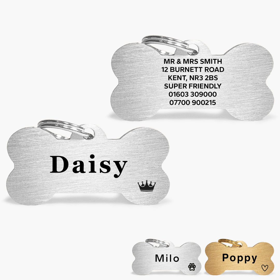 Silver Stainless Steel Bone Shaped Personalised Dog Name Tag with Engraved Pet Name & Contact Info