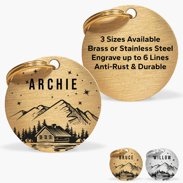 Personalised Engraved Mountain Scene Dog Name Tag in Gold Solid Brass