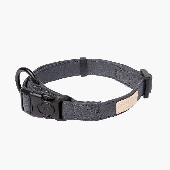 FuzzYard Life Slate Grey Dog Collar, Soft, Textured Cotton Collar with Matte Black Hardware