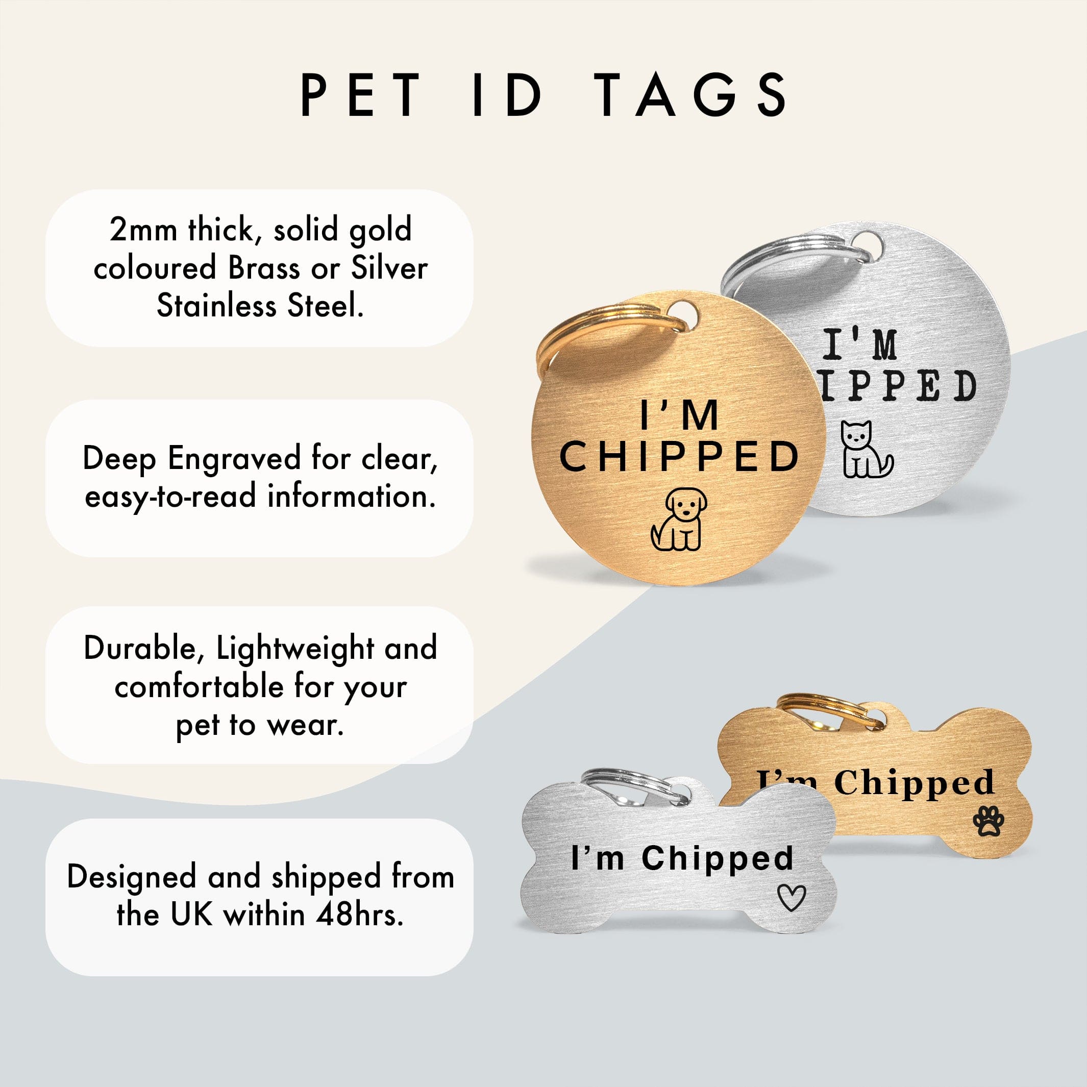 Gold-Tone Brass Dog Collar Tag with Engraved "I'm Chipped" and Custom Contact Details The Stately Hound