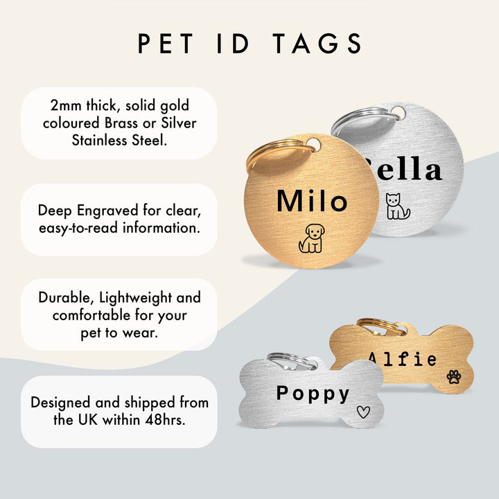 Personalised Gold ID Dog Name Tag Engraved with Typewriter Font & Heart Design in Brass