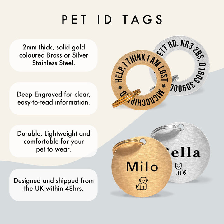 Personalised Washer Dog Name Tag, Stylish, Durable & Safe ID Tag in Gold Coloured Brass