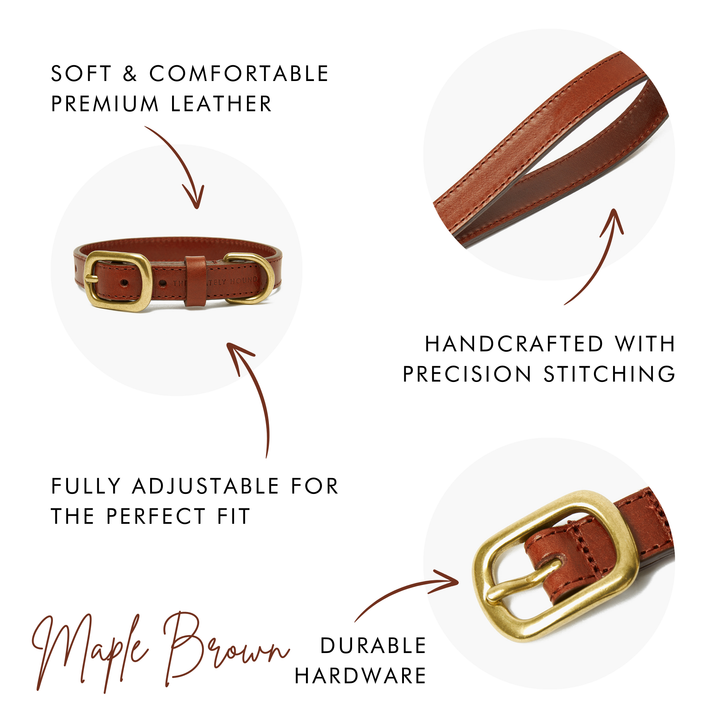 Maple Brown Leather Dog Collar & Lead Set with Gold Hardware