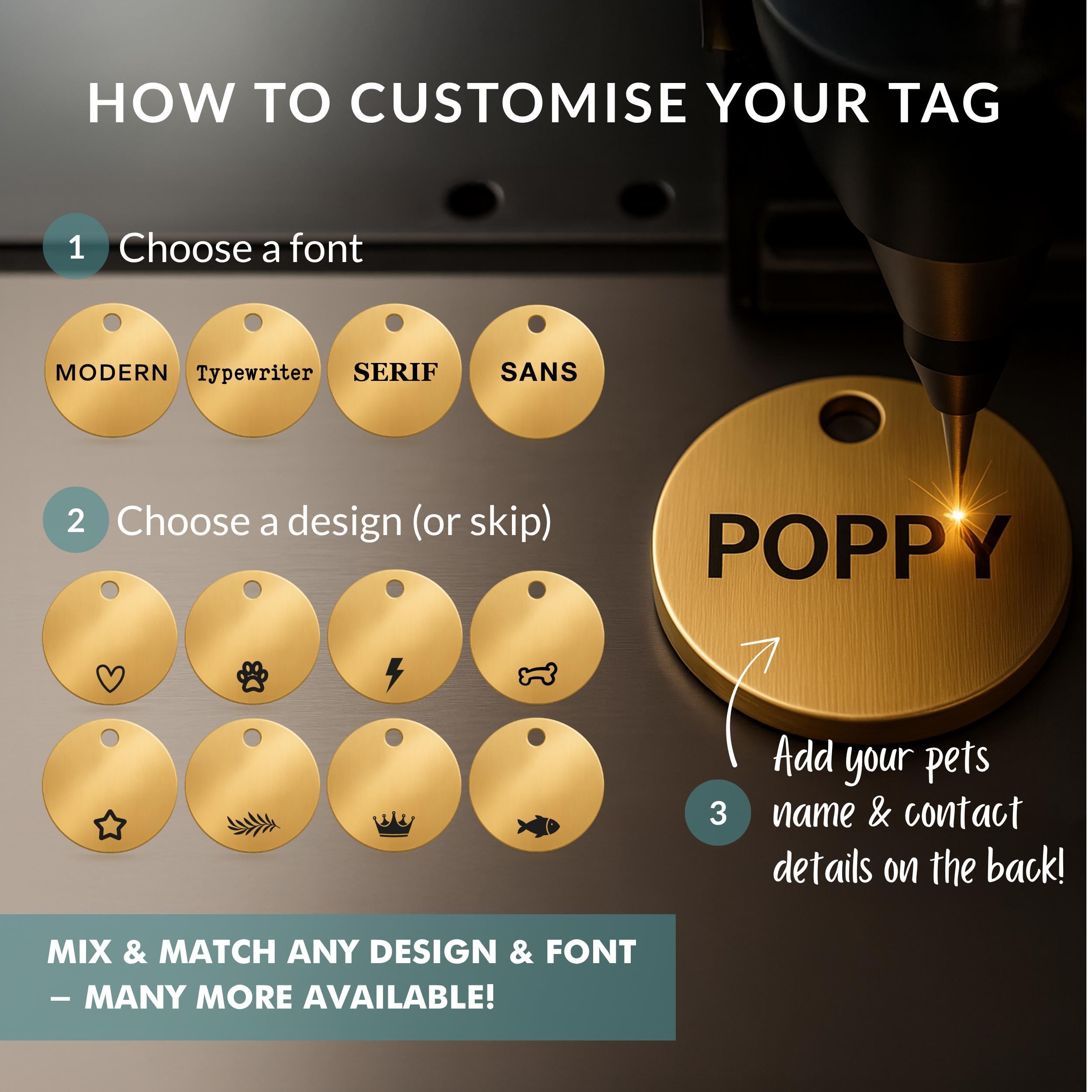 Personalised Gold ID Dog Name Tag Engraved in Brass