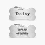 Silver Stainless Steel Bone Shaped Personalised Dog Name Tag with Engraved Pet Name & Contact Info The Stately Hound