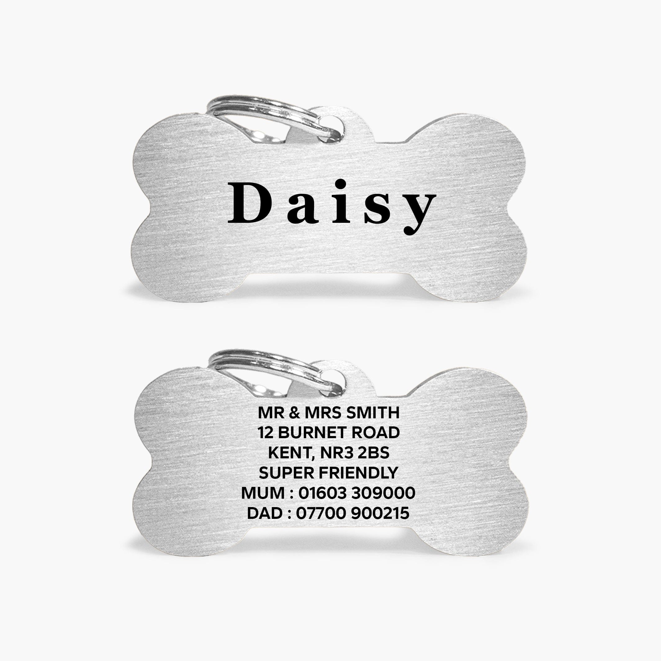 Silver Stainless Steel Bone Shaped Personalised Dog Name Tag with Engraved Pet Name & Contact Info The Stately Hound