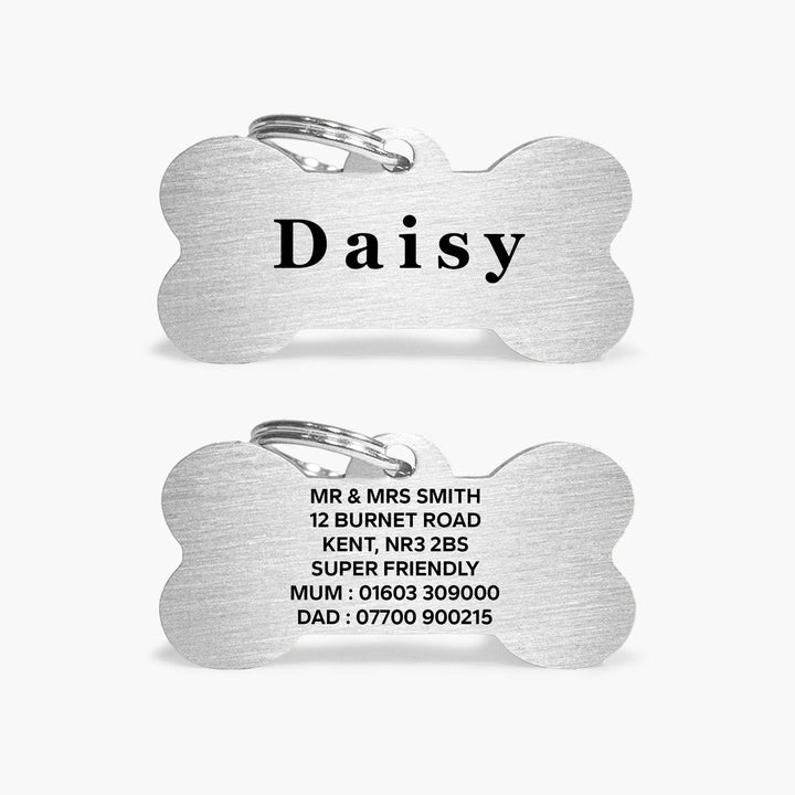 Silver Stainless Steel Bone Shaped Personalised Dog Name Tag with Engraved Pet Name & Contact Info