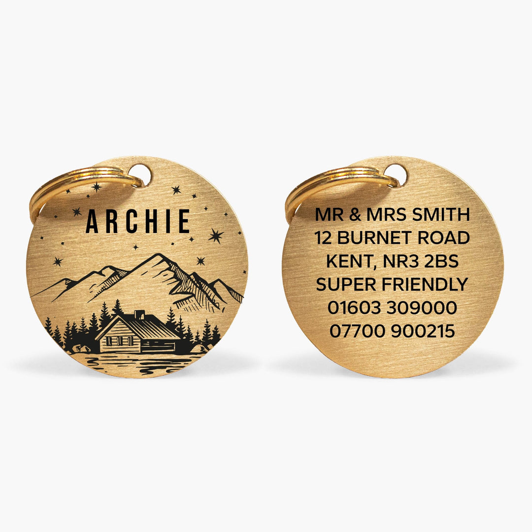 Personalised Engraved Mountain Scene Dog Name Tag in Gold Solid Brass