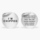 Silver Stainless Steel Dog Collar Tag with Engraved "I'm Chipped" and Custom Contact Details The Stately Hound