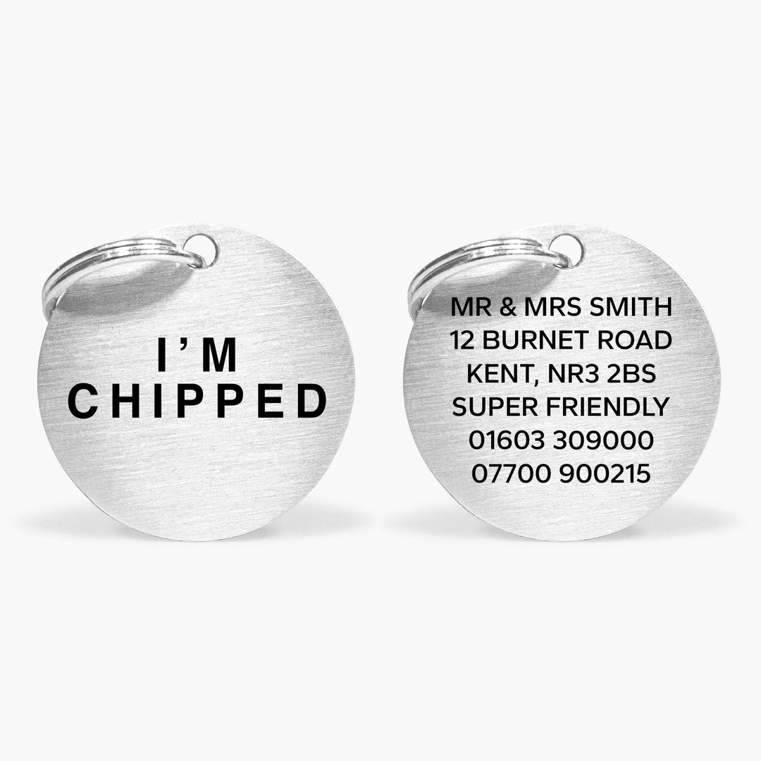 Silver Stainless Steel Dog Collar Tag with Engraved "I'm Chipped" and Custom Contact Details