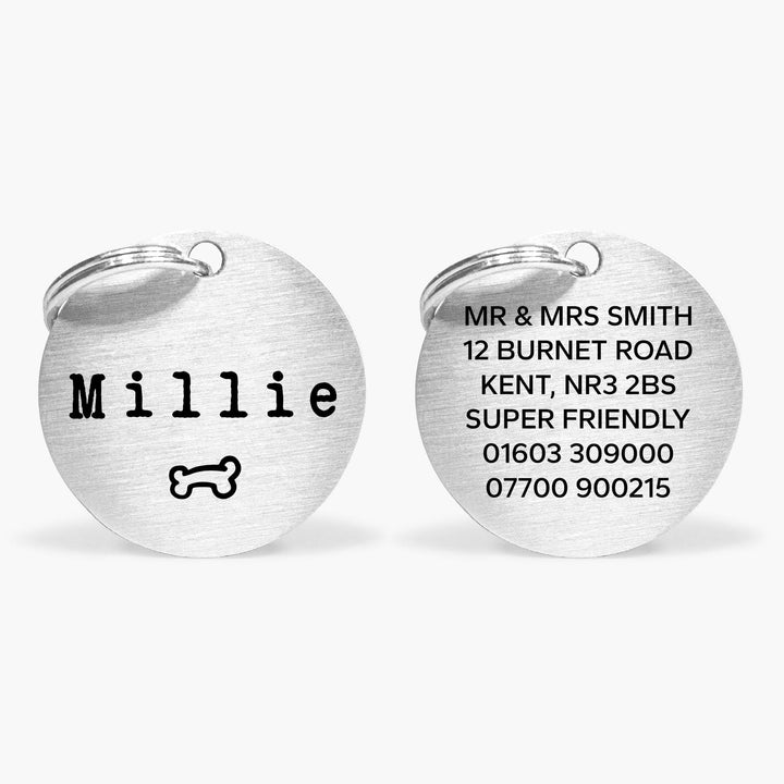 Personalised Silver ID Dog Name Tag Engraved with Typewriter Font & Bone Design in Stainless Steel