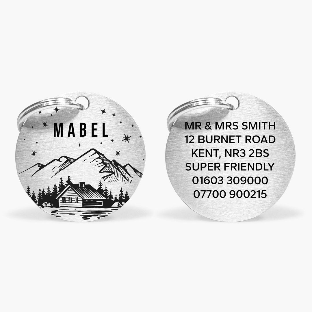 Personalised Engraved Mountain Scene Dog Name Tag in Silver Stainless Steel