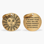 Personalised Brass Dog ID Tag with Engraved Sun Design and Contact Details The Stately Hound