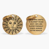 Personalised Brass Dog ID Tag with Engraved Sun Design and Contact Details The Stately Hound