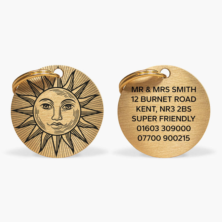 Personalised Brass Dog ID Tag with Engraved Sun Design and Contact Details