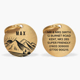 Personalised Dog Name Tag with Engraved Mountain Sunset Design in Gold-Coloured Brass The Stately Hound