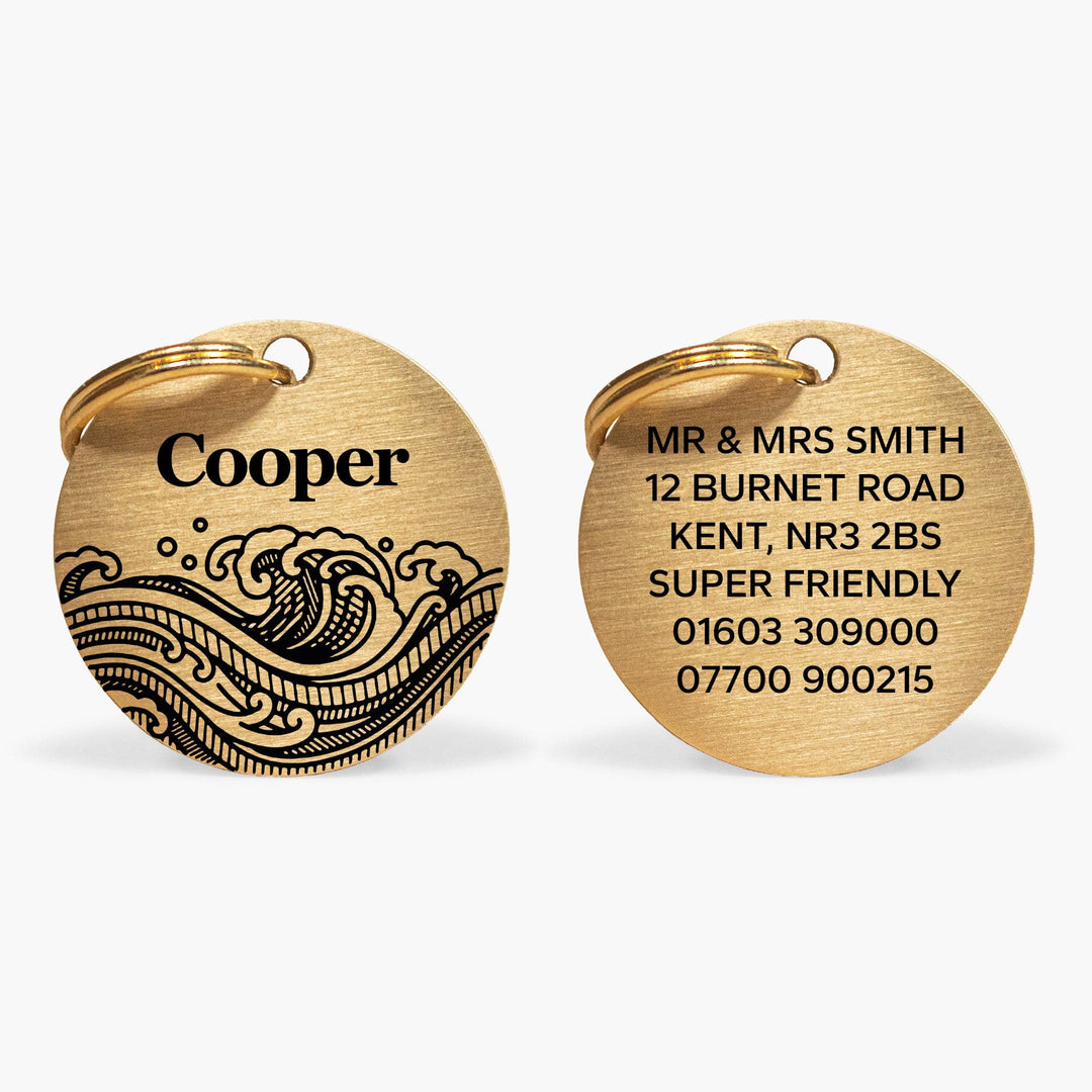 Personalised Brass Pet Tag with Ocean Waves Design