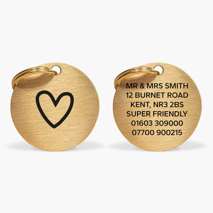 No-Name Gold Brass Dog Tag with Heart & Contact Info