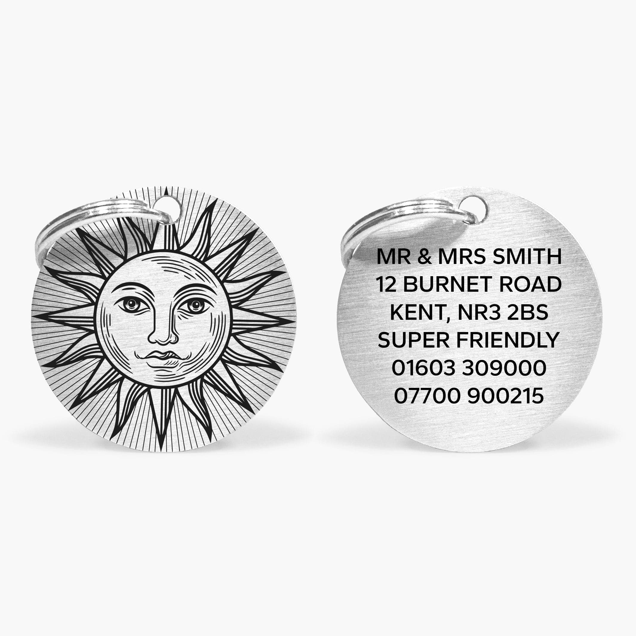 Personalised Silver Dog ID Tag with Engraved Sun Design and Contact Details The Stately Hound