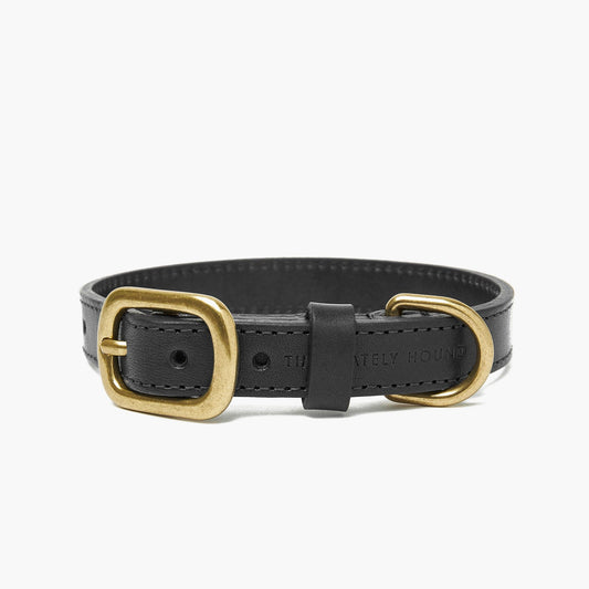 Midnight Black Leather Dog Collar with Gold Buckle