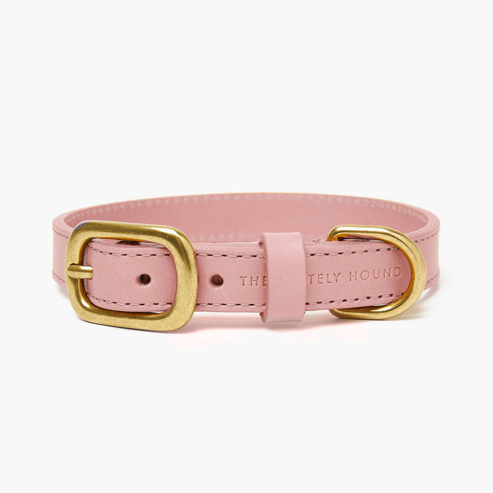 Baby Pink Leather Dog Collar & Brass Pet ID Name Tag The Stately Hound