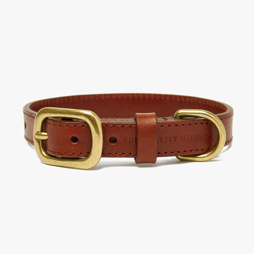 Maple Brown Leather Dog Collar & Lead Set with Gold Hardware