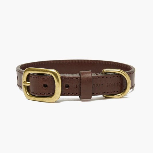 Chocolate Brown Leather Dog Collar with Gold Buckle