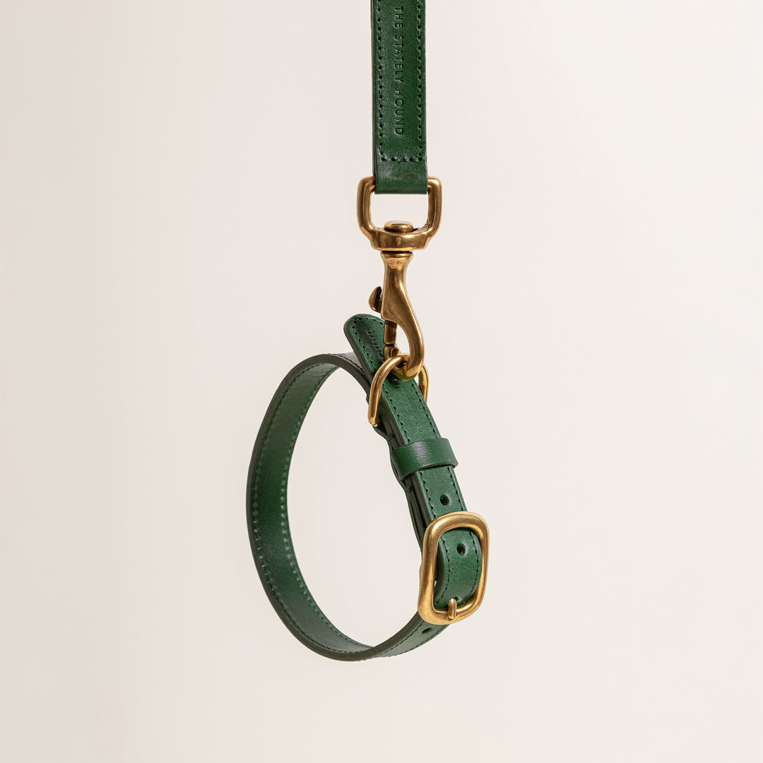 Emerald Green Leather Dog Collar with Gold Buckle